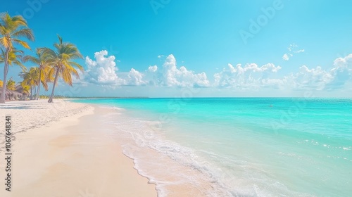 Serene beach scene with turquoise water and palm trees under a bright sky.