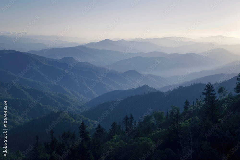 Mountain range with green forests and a misty atmosphere at dusk. Mountain range with green forests and a misty atmosphere at dusk.