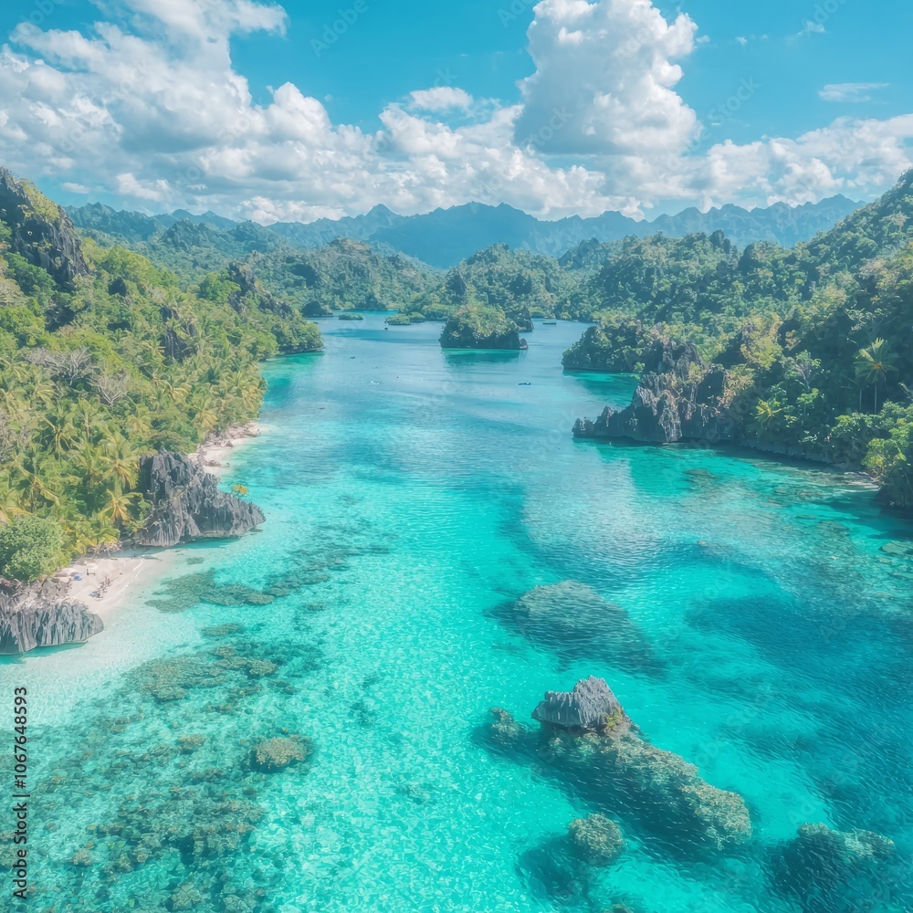 A stunning aerial view of a tropical lagoon with clear turquoise waters. A stunning aerial view of a tropical lagoon with clear turquoise waters.