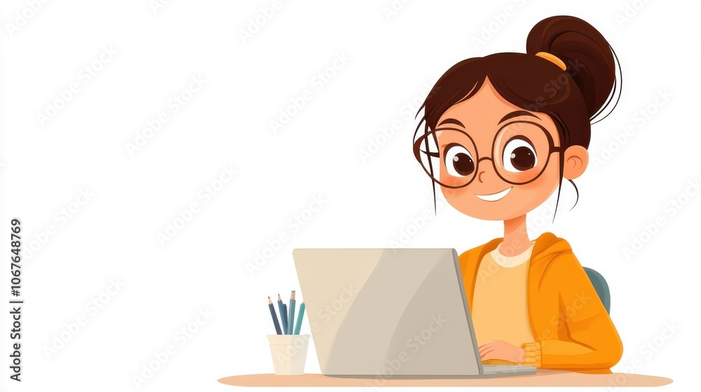 A young girl, glasses on, is deeply concentrated on her laptop work, sitting at a desk with a pencil holder, reflecting dedication and modern digital engagement. A young girl, glasses on, is deeply concentrated on her laptop work, sitting at a desk with a pencil holder, reflecting dedication and modern digital engagement.