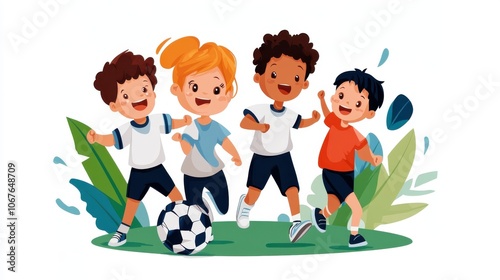 A joyful illustration of four children playing soccer outside, showing teamwork and energy. Vivid colors and playful poses highlight their enthusiasm and happiness.