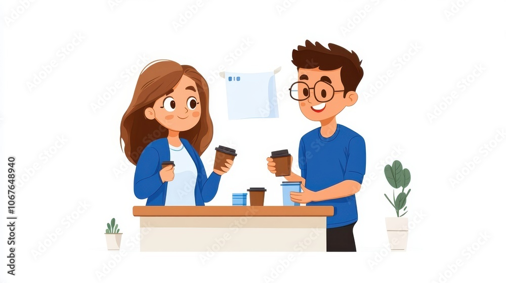 An illustration of two cartoon office colleagues casually conversing over coffee at a break station, showcasing a typical workplace interaction and friendly exchange. An illustration of two cartoon office colleagues casually conversing over coffee at a break station, showcasing a typical workplace interaction and friendly exchange.