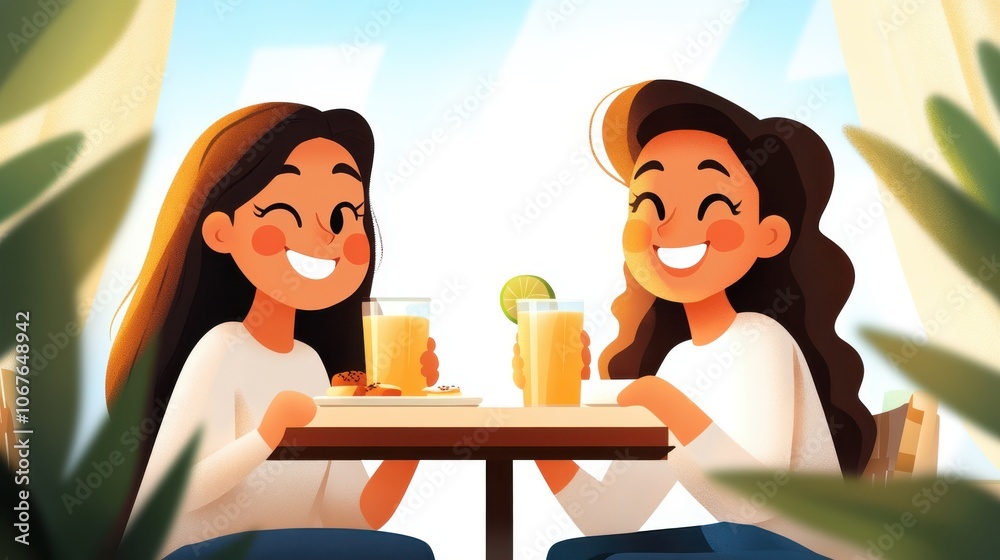 An animated image of two friends laughing and enjoying each other's company while sitting at a sunlit outdoor cafe table, sharing drinks and joyful moments together. An animated image of two friends laughing and enjoying each other's company while sitting at a sunlit outdoor cafe table, sharing drinks and joyful moments together.