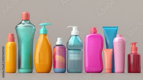 Row of colorful bottles of various sizes and shapes, including some with pumps, sit on a table