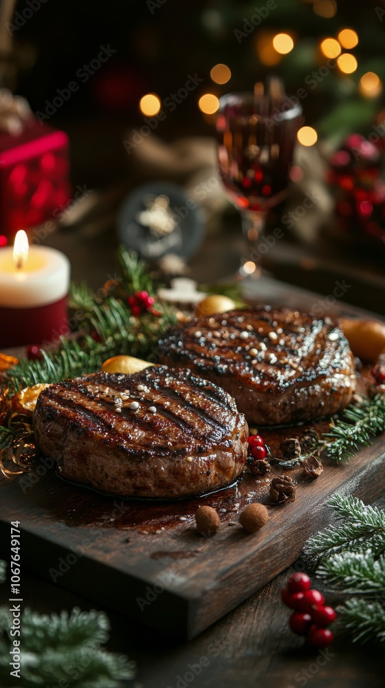 Grilled steaks garnished with herbs and red berries on a wooden board during a festive celebration Grilled steaks garnished with herbs and red berries on a wooden board during a festive celebration