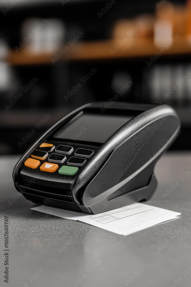 Credit card reader on a simple countertop printing a receipt. Cashless payment terminal for purchases and services Credit card reader on a simple countertop printing a receipt. Cashless payment terminal for purchases and services