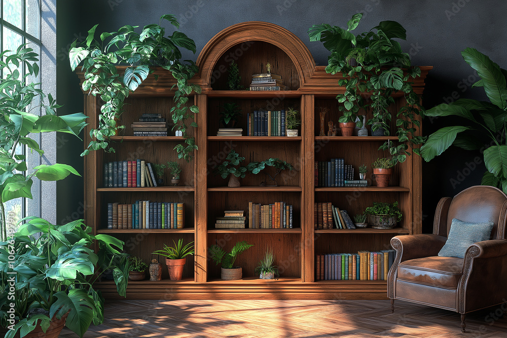 Cozy Reading Nook With Leather Armchair: Surrounded By Wooden Bookshelves, Lush Green Plants, And Natural Light From Large Windows, Creating A Warm And Inviting Atmosphere For Relaxation And Study Cozy Reading Nook With Leather Armchair: Surrounded By Wooden Bookshelves, Lush Green Plants, And Natural Light From Large Windows, Creating A Warm And Inviting Atmosphere For Relaxation And Study