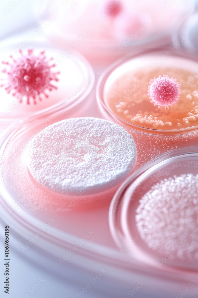 Macro 3d close up of different bacteria and virus cells in a scientific laboratory petri dish on simple background with copy space. Macro 3d close up of different bacteria and virus cells in a scientific laboratory petri dish on simple background with copy space.
