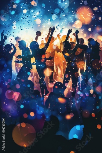 Group of diverse individuals dancing in the dark with lights and confetti