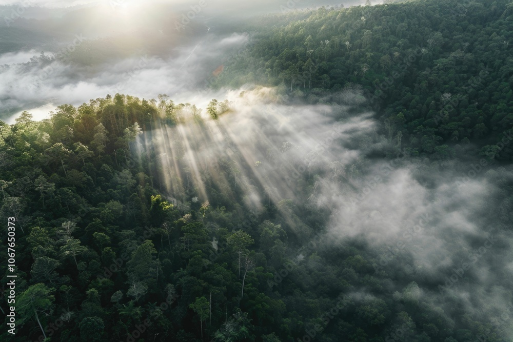 Mountain forest foggy sunrise aerial drone view. Mountain forest foggy sunrise aerial drone view.