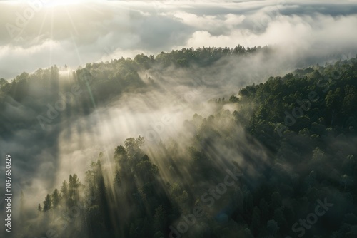 Wallpaper Mural Mountain forest foggy sunrise aerial drone view. Torontodigital.ca