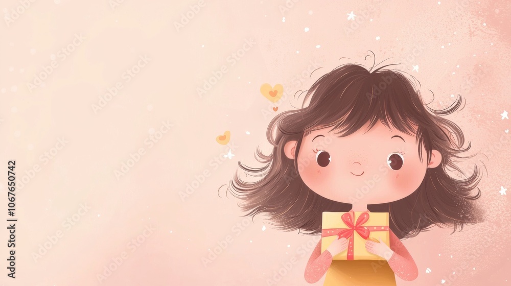 Cute cartoon girl with brown hair holding a yellow gift box with a red ribbon, on a pink background decorated with hearts and stars, creating a cheerful and festive atmosphere Cute cartoon girl with brown hair holding a yellow gift box with a red ribbon, on a pink background decorated with hearts and stars, creating a cheerful and festive atmosphere