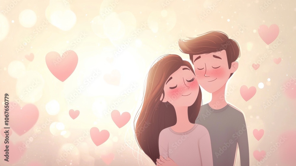 Heartwarming illustration depicts a young couple embracing, surrounded by floating pink hearts, creating a romantic and dreamy atmosphere Heartwarming illustration depicts a young couple embracing, surrounded by floating pink hearts, creating a romantic and dreamy atmosphere
