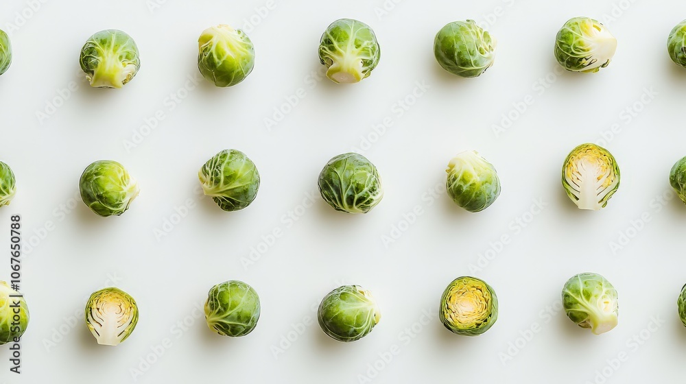A variety of Brussels sprouts are artfully laid out on a white surface, highlighting their rich green hues and leafy textures, perfect for healthy meal preparation A variety of Brussels sprouts are artfully laid out on a white surface, highlighting their rich green hues and leafy textures, perfect for healthy meal preparation