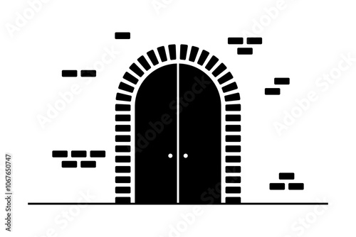 Doors, stone arch and wall icon. Gate. Black silhouette. Vertical front view. Vector simple flat graphic illustration. Isolated object on white background. Isolate.