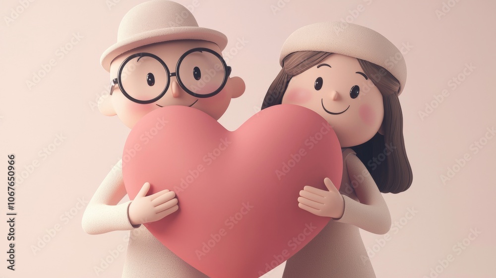 Cartoon couple embracing a large heart, symbolizing love, care, and strong emotional connection in a heartwarming and romantic visual Cartoon couple embracing a large heart, symbolizing love, care, and strong emotional connection in a heartwarming and romantic visual