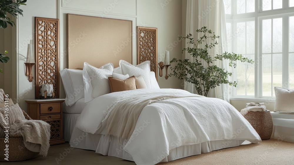 White Bed with Beige Throw Blanket in a Bedroom with a Bay Window and Wall Decor White Bed with Beige Throw Blanket in a Bedroom with a Bay Window and Wall Decor