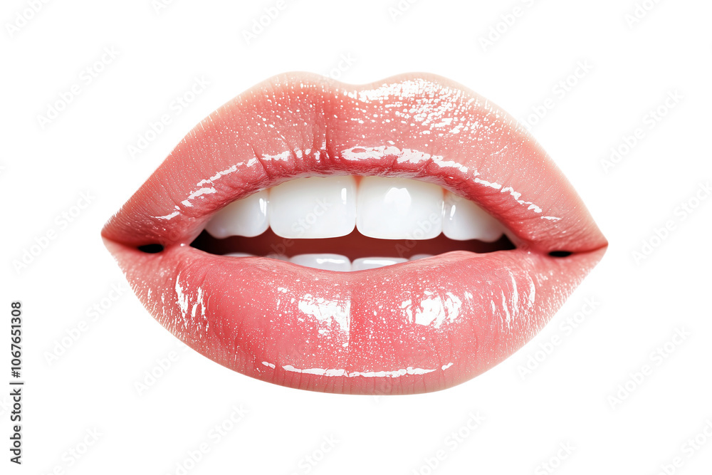 Obraz premium Glossy lips isolated on transparent background. Glamour makeup concept. Beauty close-up for cosmetic advertising.