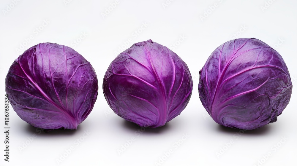Three whole purple cabbages are neatly positioned against a bright white background, showcasing their rich color and textured leaves in a studio setting Three whole purple cabbages are neatly positioned against a bright white background, showcasing their rich color and textured leaves in a studio setting