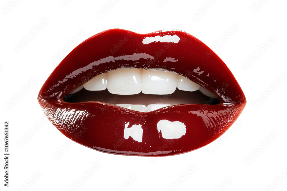 Obraz premium Glossy lips isolated on transparent background. Glamour makeup concept. Beauty close-up for cosmetic advertising.