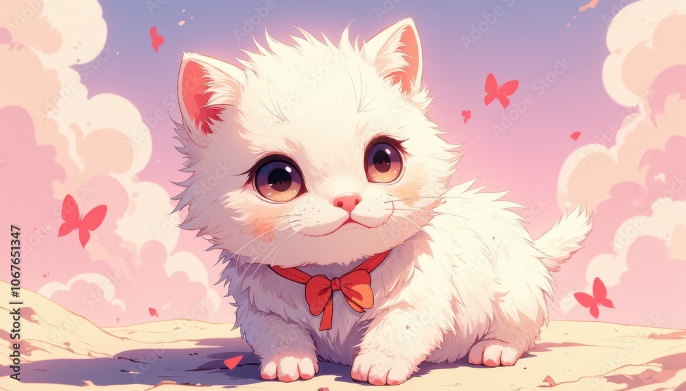Fototapeta premium Adorable kitten with bowtie surrounded by butterflies in a dreamy sunset sky