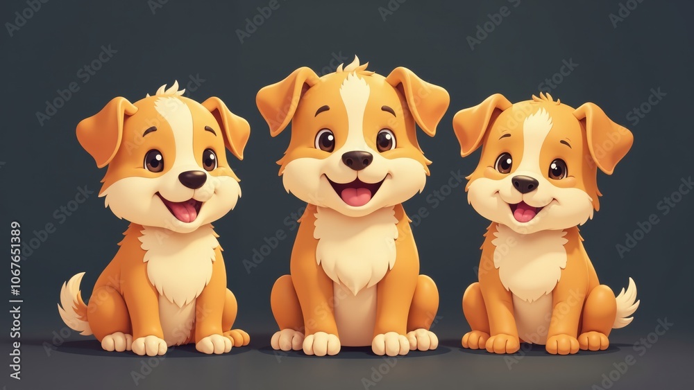 Three cheerful cartoon puppies sharing joy and friendship in a playful setting Three cheerful cartoon puppies sharing joy and friendship in a playful setting