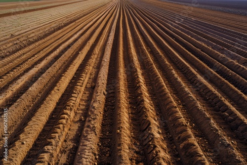 Aerial view of plowed field ready for spring planting.