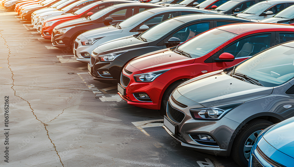 Rows of new cars parked at a distribution center at a car factory on a sunny day. View from above of the open-air parking lot