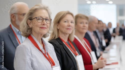 Senior professionals in business attire with red lanyards attending a conference. Group portrait with selective focus