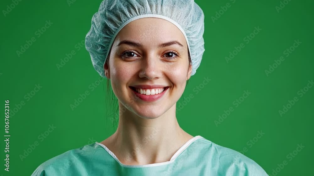 Young surgeon with a friendly and reassuring smile, dressed in scrubs and a surgical cap, is posing on a green screen background Young surgeon with a friendly and reassuring smile, dressed in scrubs and a surgical cap, is posing on a green screen background