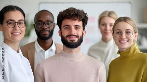 Group of diverse young professionals in an office setting, smiling at camera