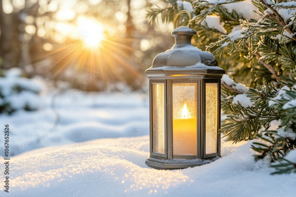 Winter lantern glowing in snow-covered landscape, sunrise lighting up background Winter lantern glowing in snow-covered landscape, sunrise lighting up background