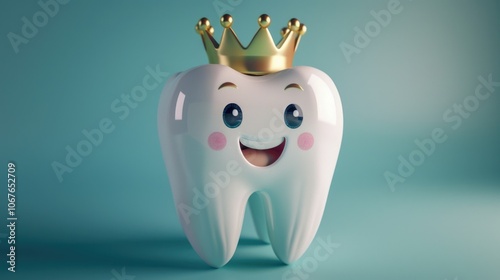 Cartoon tooth with a crown on top of it. The tooth is smiling and he is happy