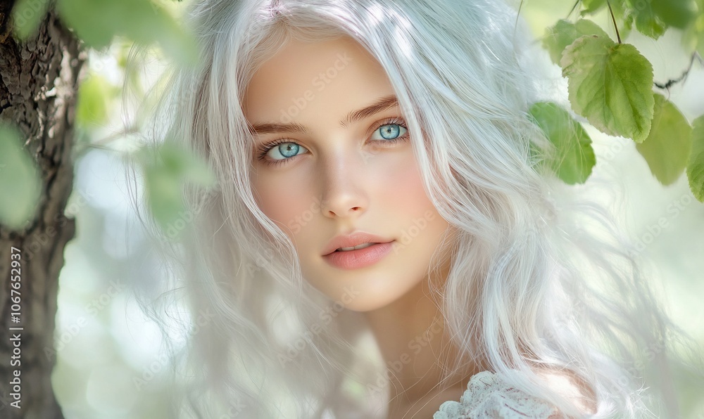 An elegant close up of an elven woman with luminous silver hair styled in a braid An elegant close up of an elven woman with luminous silver hair styled in a braid