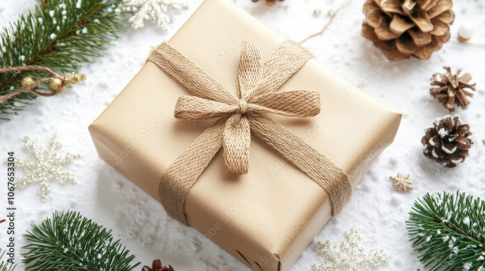 single wrapped gift with a delicate bow, resting on a clean white background with a hint of holiday decor single wrapped gift with a delicate bow, resting on a clean white background with a hint of holiday decor