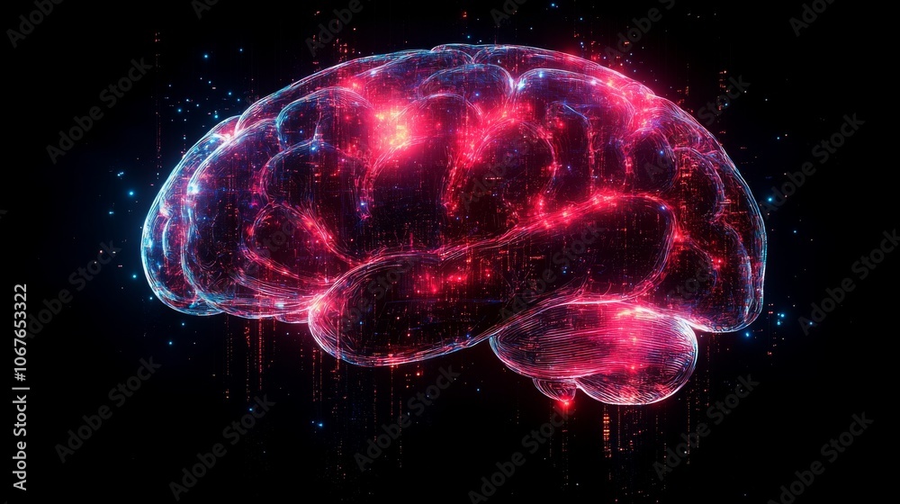 A cyberpunk silhouette of a human brain illuminated with vibrant digital colors at night