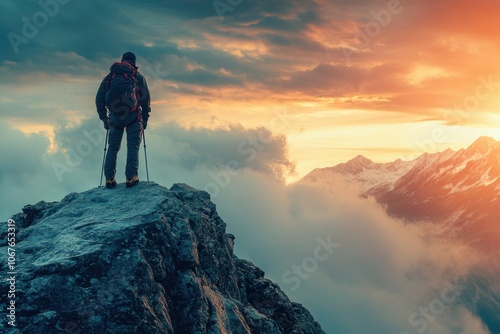 A hiker stands on a rocky peak overlooking mountains at sunset amid dramatic clouds and colors