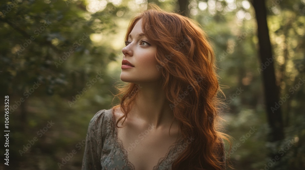 bold woman in misty forest, natural lighting with soft shadows bold woman in misty forest, natural lighting with soft shadows