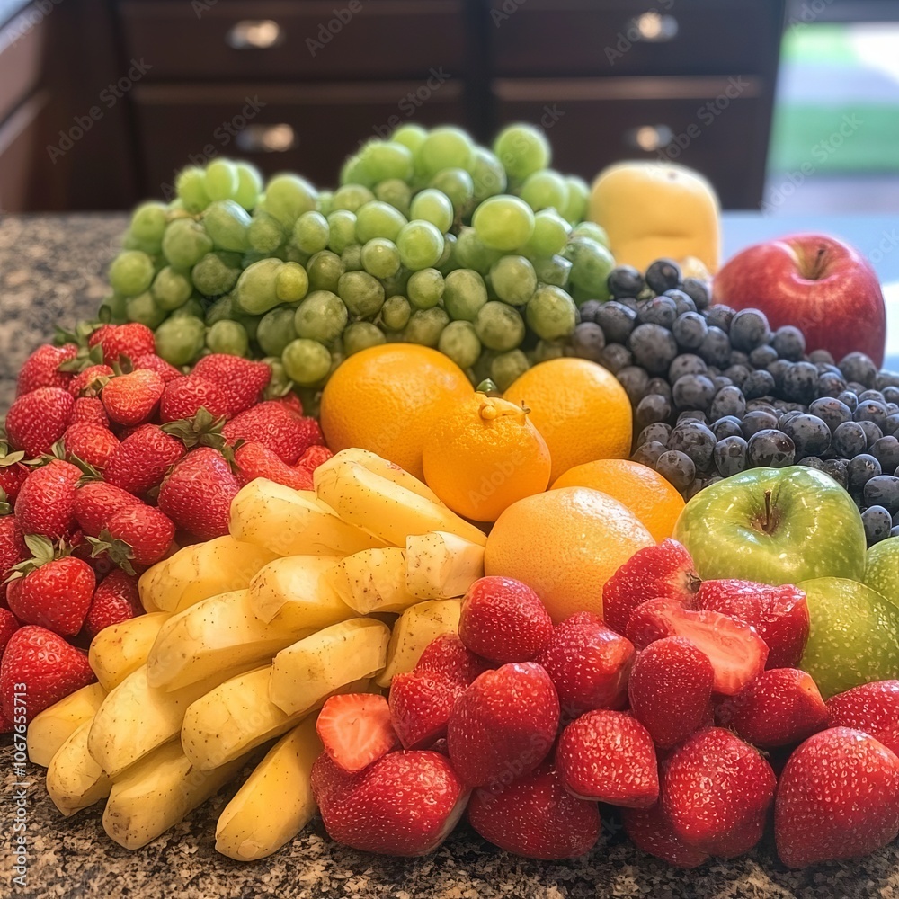 A vibrant assortment of fresh fruits arranged on a countertop. A vibrant assortment of fresh fruits arranged on a countertop.