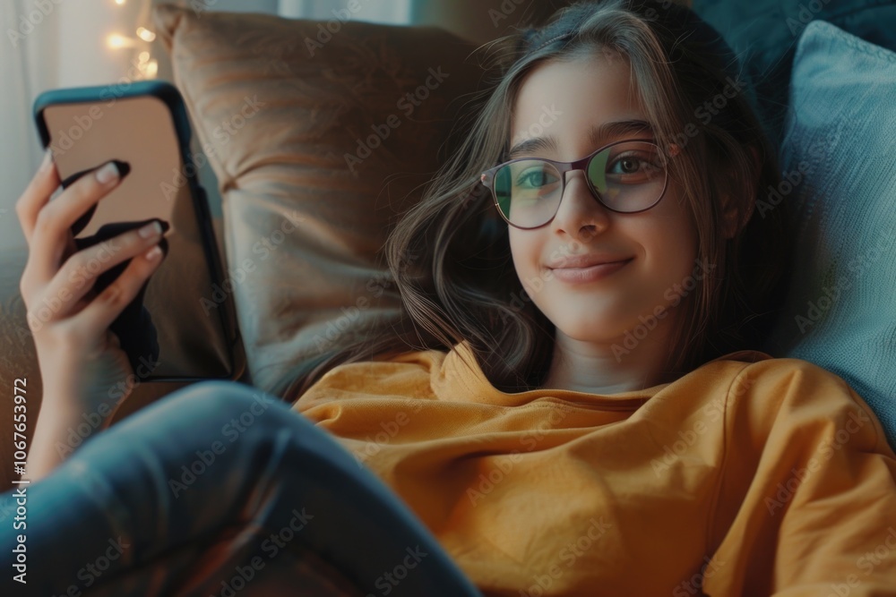 Woman lying on couch, smiling at camera while texting on phone. Lifestyle concept. Woman lying on couch, smiling at camera while texting on phone. Lifestyle concept.