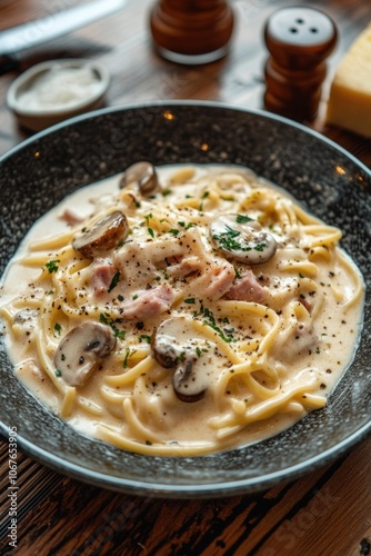 Bowl of noodles with sauce and mushrooms