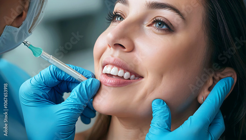 Obraz na płótnie Beautiful woman at doctor getting facial injection, Botox, plastic surgery, facial aesthetic, lifestyle and beauty treatment w salonie