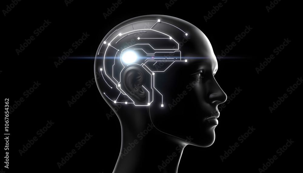 Futuristic human head, black with bright lines. Concept of artificial intelligence. 3D render / rendering isolated with white highlights, png Futuristic human head, black with bright lines. Concept of artificial intelligence. 3D render / rendering isolated with white highlights, png