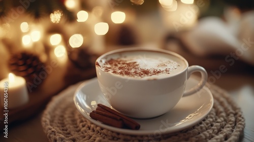 Cozy close-up of a cup of coffee with a sprinkle of cinnamon, surrounded by warm tones of a holiday table setting.