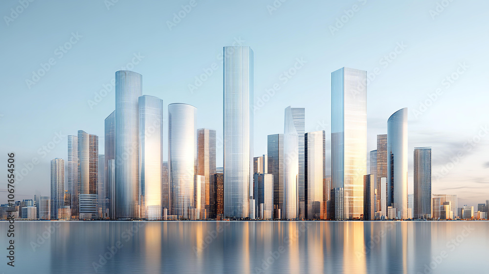 Modern city business centre at sunset, office and residential area by the water at gentle pastel colours Modern city business centre at sunset, office and residential area by the water at gentle pastel colours