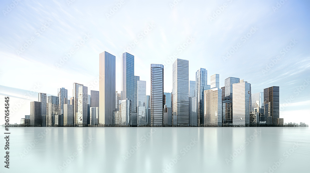 Fototapeta premium Modern city business centre at sunset, office and residential area by the water at gentle pastel colours 