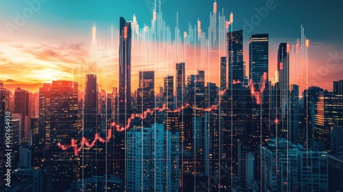 Fototapeta Naklejka Na Ścianę i Meble -  Real estate growth visual with financial charts over city skyscrapers