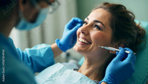 Beautiful woman at doctor getting facial injection, Botox, plastic surgery, facial aesthetic, lifestyle and beauty treatment