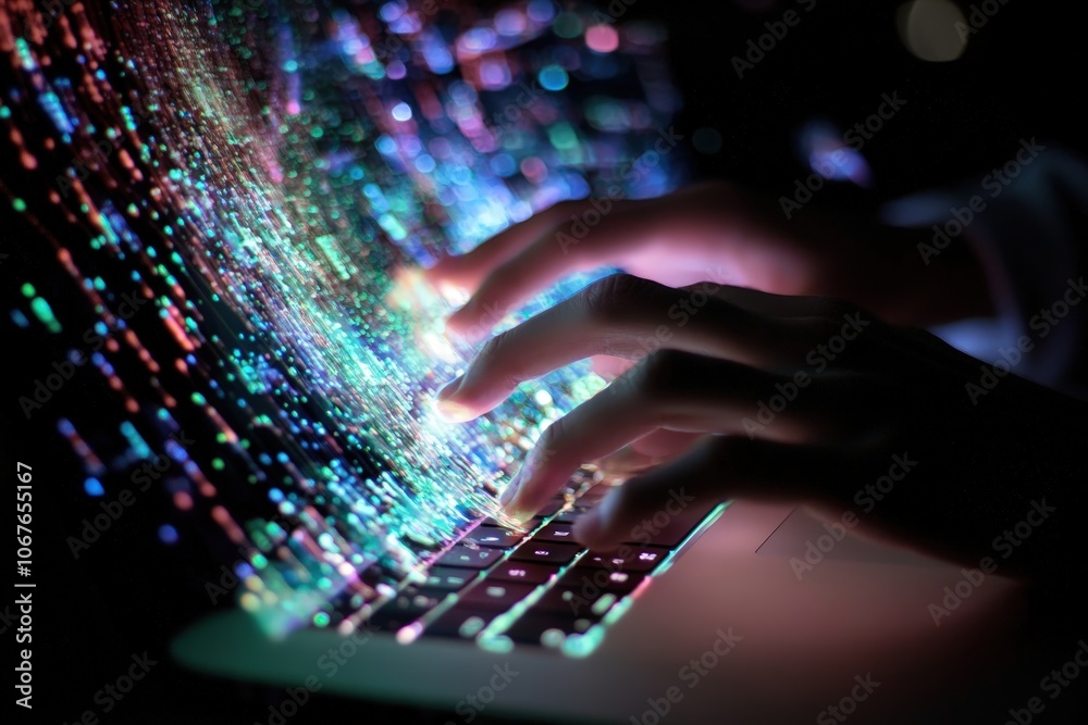 Close-Up of Hands Typing on Laptop with Vibrant Holographic Light Streams and Digital Data Visualization in Dark Ambient Setting Close-Up of Hands Typing on Laptop with Vibrant Holographic Light Streams and Digital Data Visualization in Dark Ambient Setting
