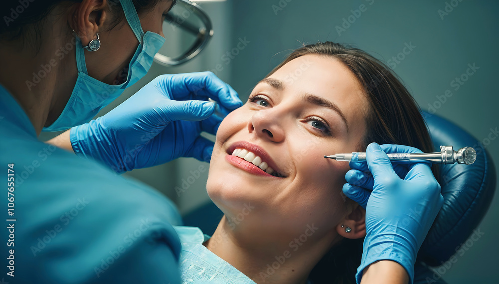 Beautiful woman at doctor getting facial injection, Botox, plastic surgery, facial aesthetic, lifestyle and beauty treatment